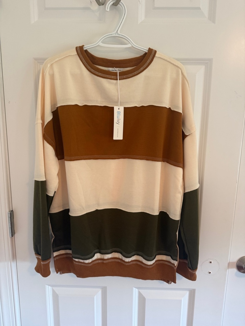 NWT BluIvy Striped Crewneck Oversized Sweatshirt - Cream, Brown & Olive